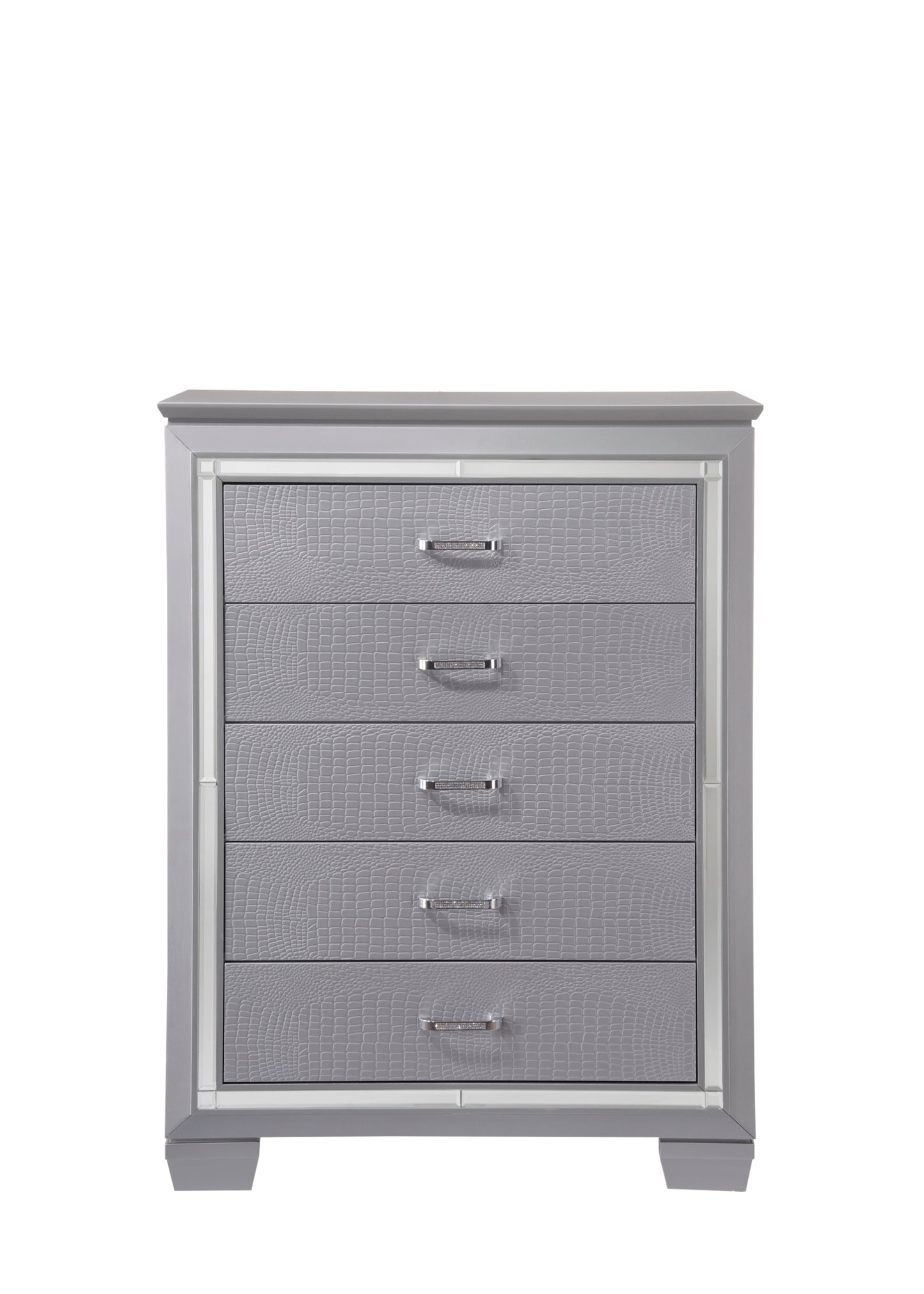 Ansel Glimmer Tower – Silver 5-Drawer Chest with Mirror Panels & Crystal-Inspired Pulls