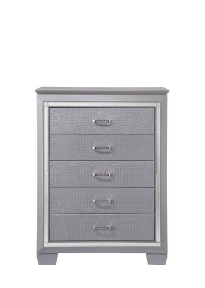 Ansel Glimmer Tower – Silver 5-Drawer Chest with Mirror Panels & Crystal-Inspired Pulls