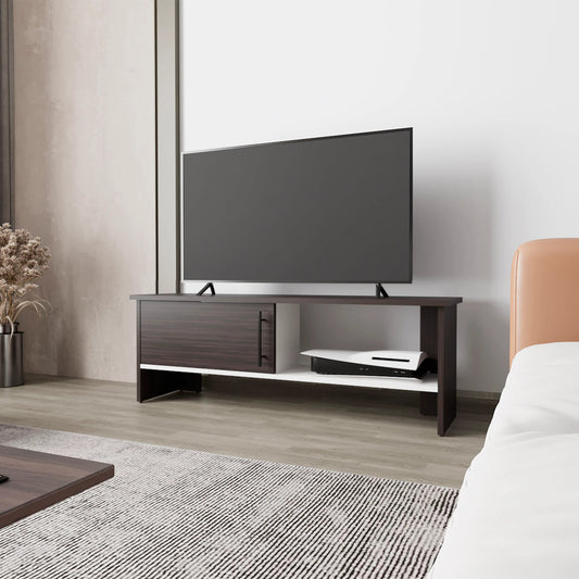 Oakterra Duo Console – Walnut + White TV Cabinet with Door & Open Shelf