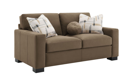 Darya Rustic Luxe Loveseat – Warm Brown Suede Sofa with Accent Pillows