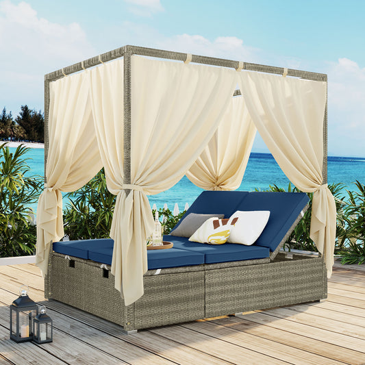 U_Style Canopy Sunbed Lounger – Adjustable Outdoor Daybed with Curtains & Cushions