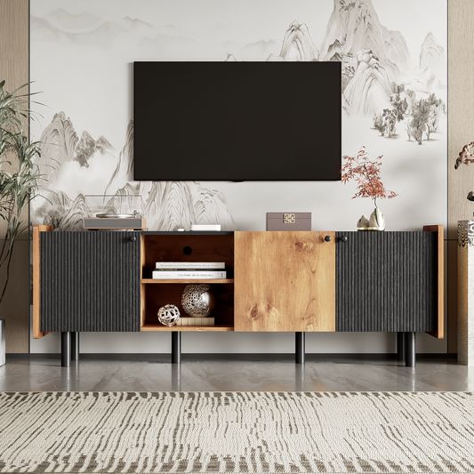 Midvyn 70 Console – Black Top TV Stand with 3 Cabinets