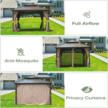 Aurelia 12x14' Hardtop Gazebo – Brown Aluminum Frame with Galvanized Roof, Curtains & Netting - JUSTLIVE NESTJUSTLIVE NEST