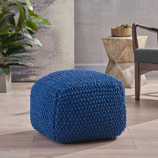 Pim Cotton Pouf – Knitted Cube Pouf 20.5" x 20.5" x 16.5" in Soft Cotton Texture