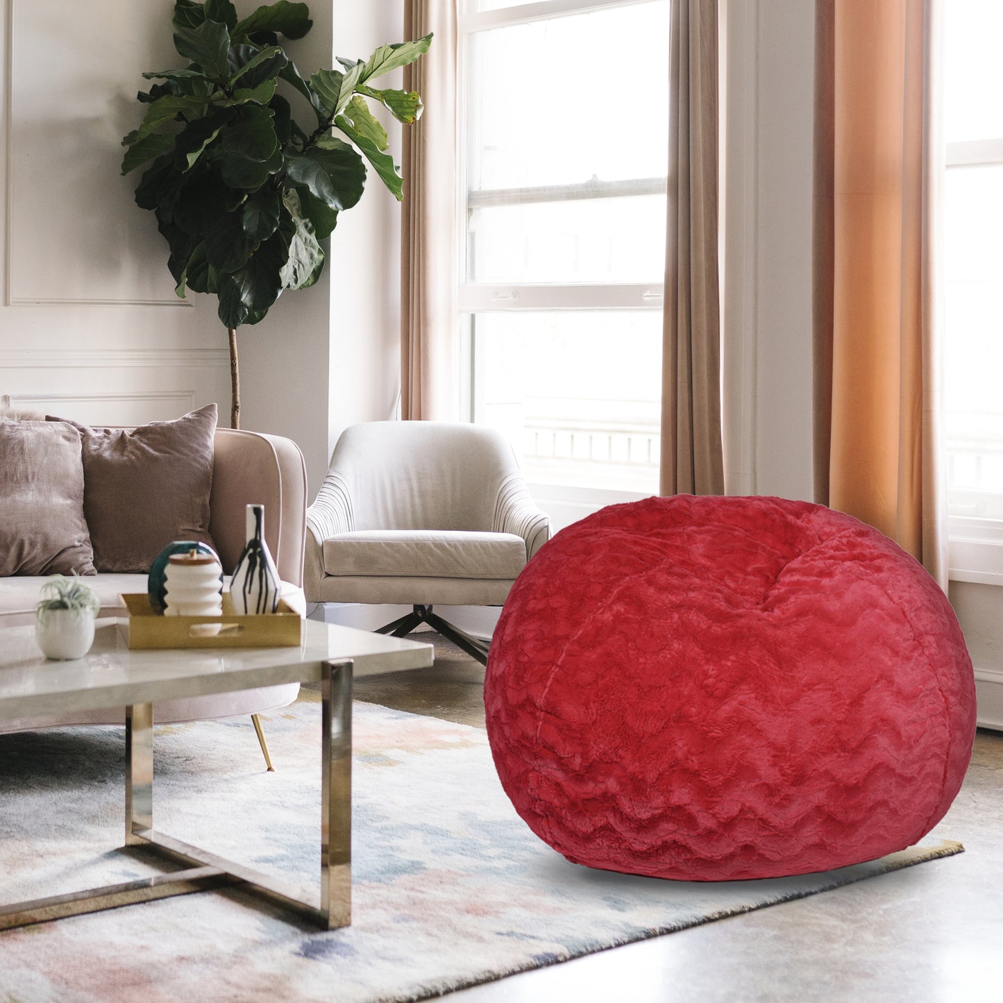 Furra Bean Chair – Red 4-Foot Faux Fur Bean Sofa with Shredded & Memory Foam Fill