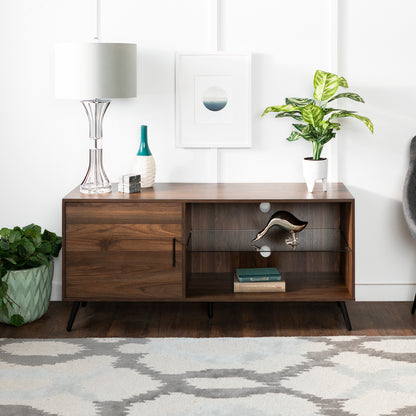 Ellvon Metal Console – Dark Walnut TV Stand with Glass Shelf (Up to 58")