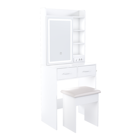 Velora Hideaway Lite – Space-Saving White Vanity with Mirror, Adjustable Lights, Shelf & Hidden Storage