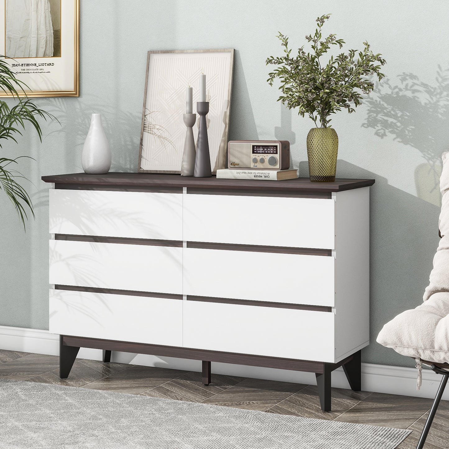 Blyra Wide Dresser – 6-Drawer White & Walnut Chest with Clean Profile (47")