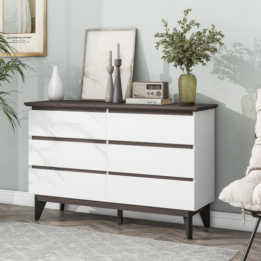 Blyra Wide Dresser – 6-Drawer White & Walnut Chest with Clean Profile (47")