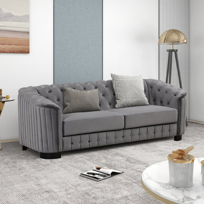 3-Seat Sofa – 82.4' Gray Velvet Upholstered Lounge with Wood Legs & Removable Cushions