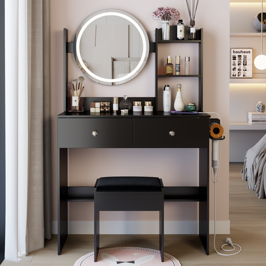 Vionix PowerGlow Mini – 17" Round LED Vanity with 2 AC+2 USB, Touch Mirror & Cushion Stool