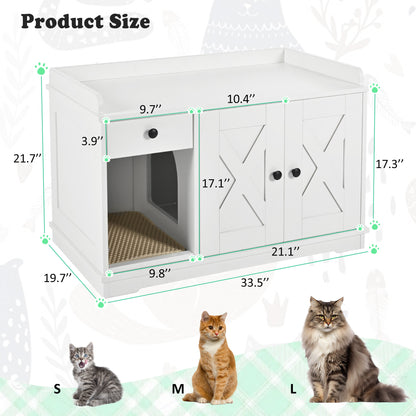 Nuvio Farmhouse Litter Cabinet – White Cat Enclosure with Drawer, Litter Mat & Side Table Functionality - JUSTLIVE NESTJUSTLIVE NEST