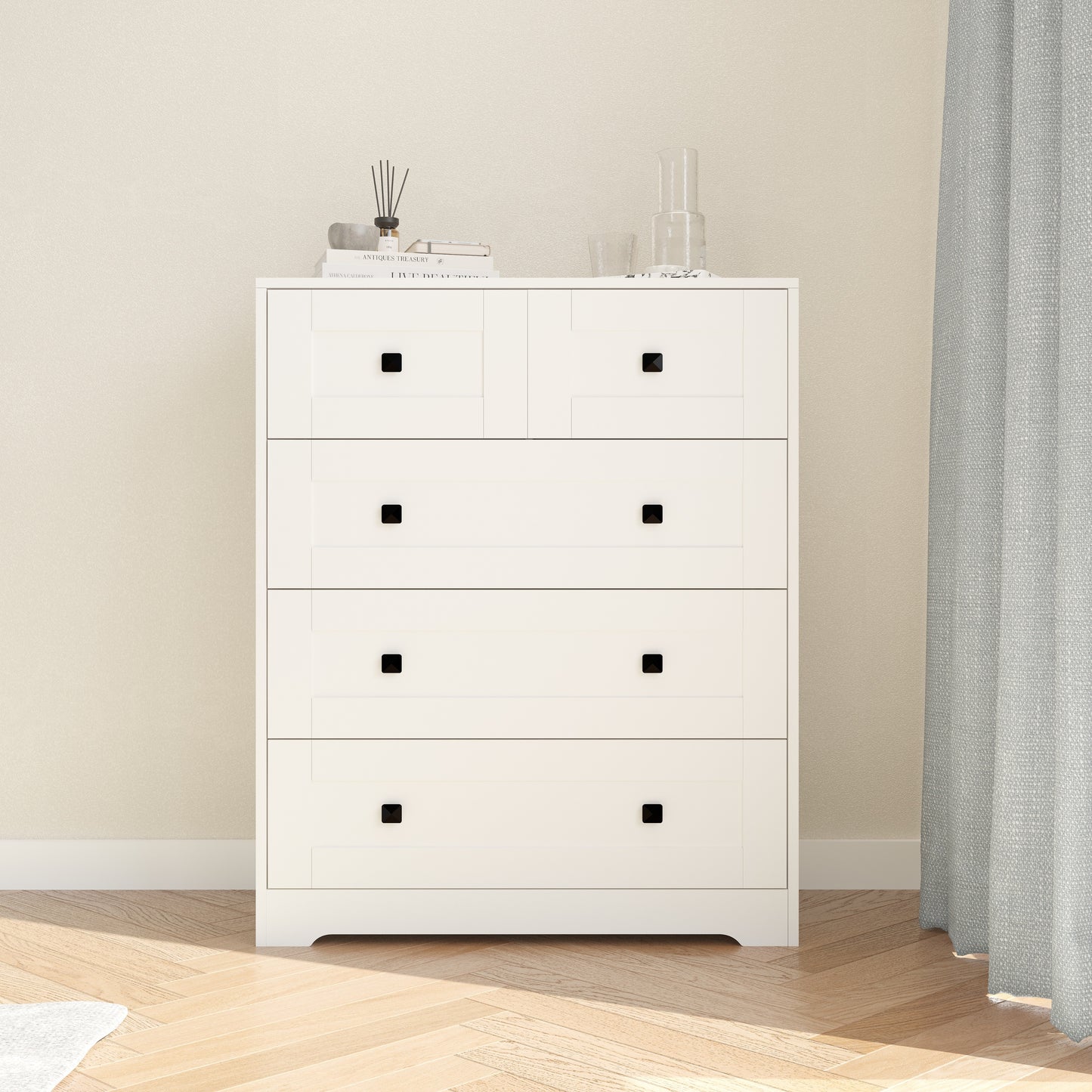 Harven 5-Drawer Chest – White Farmhouse Dresser with Barn-Style Panel Front