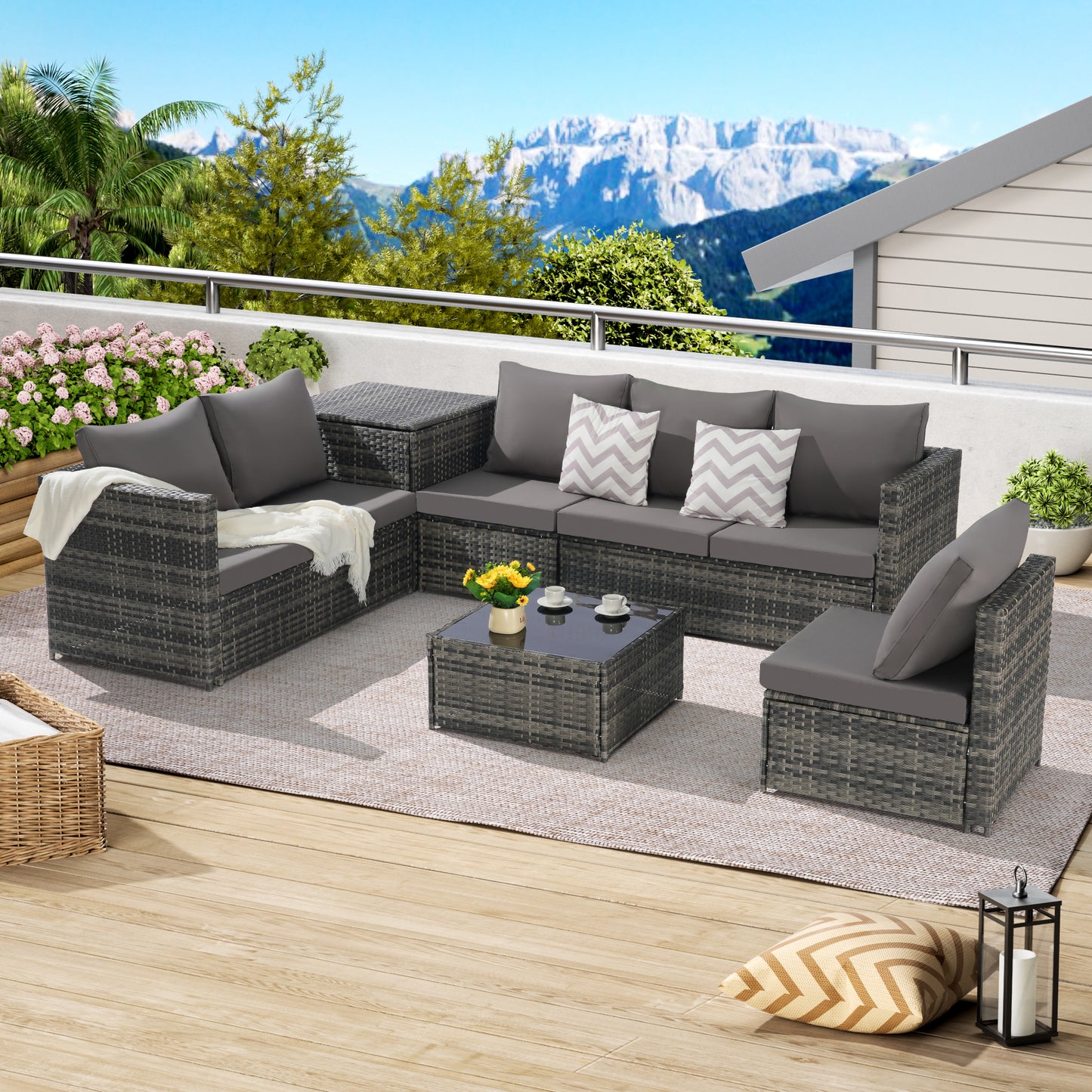 Solvara 6-Piece L-Shaped Patio Set – Woven Sectional with Corner Table & Glass-Top Table