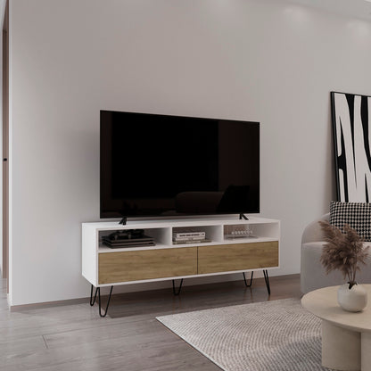 Tovira Cabinet Stand – 54" White & Oak TV Console with Pull-Down Doors