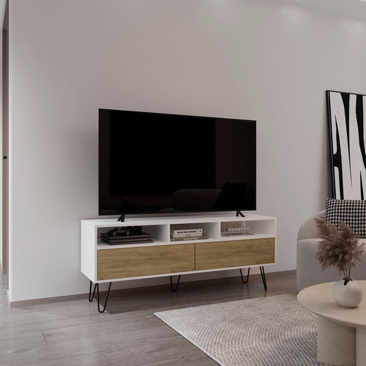 Tovira Cabinet Stand – 54" White & Oak TV Console with Pull-Down Doors