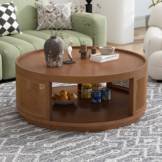 Ravino Cane Table – 36.8" Mid-Century Round Coffee Table with Rattan Panel Sides