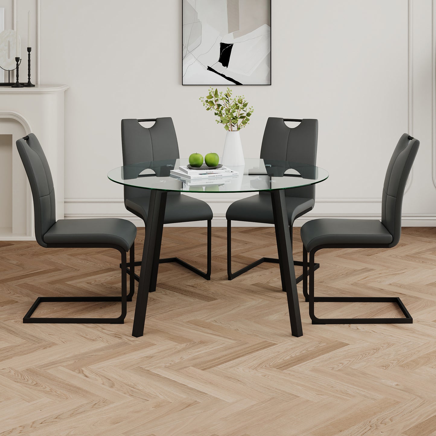 Avera 5-Piece Glass Dining Set – Charcoal PU Chairs, Black-Leg Frame & Round Transparent Tabletop