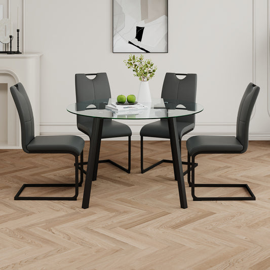 Avera 5-Piece Glass Dining Set – Charcoal PU Chairs, Black-Leg Frame & Round Transparent Tabletop
