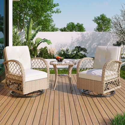 Natura 3-Piece Swivel Rocker Set – Rattan Lounge Chairs with Square Table (Natural Finish)