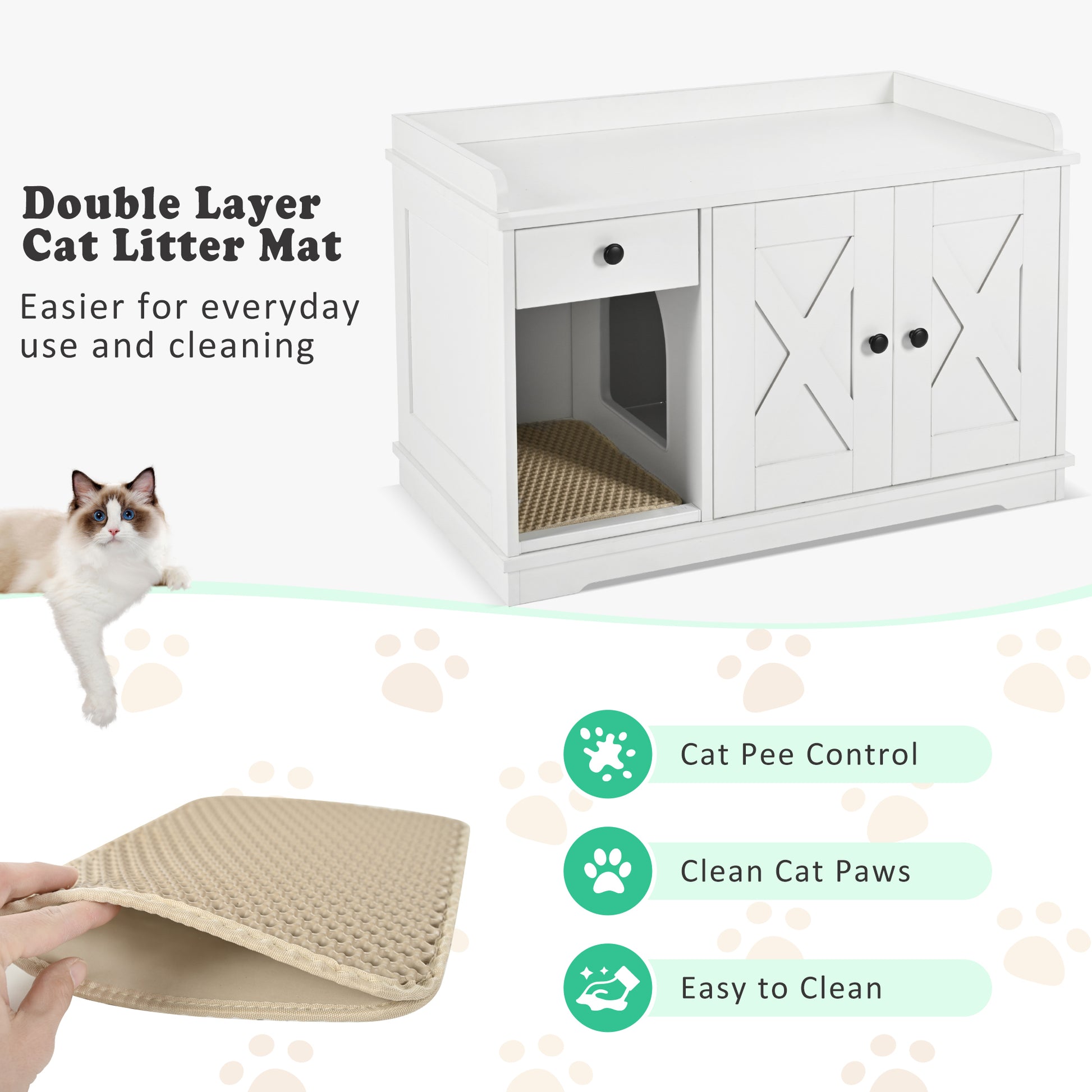 Nuvio Farmhouse Litter Cabinet – White Cat Enclosure with Drawer, Litter Mat & Side Table Functionality - JUSTLIVE NESTJUSTLIVE NEST