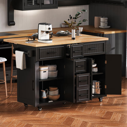 K&K Grand Island – 56.5'' Black Kitchen Cart with 5 Drawers, Drop Leaf & Outlet