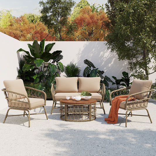 GO 4-Piece Boho Patio Set – Beige Outdoor Lounge with Removable Cushions & Wood Tabletop