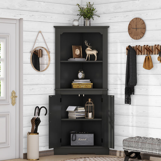 Cearra Corner Cabinet – Tall Black Curved Storage with Doors for Small Spaces