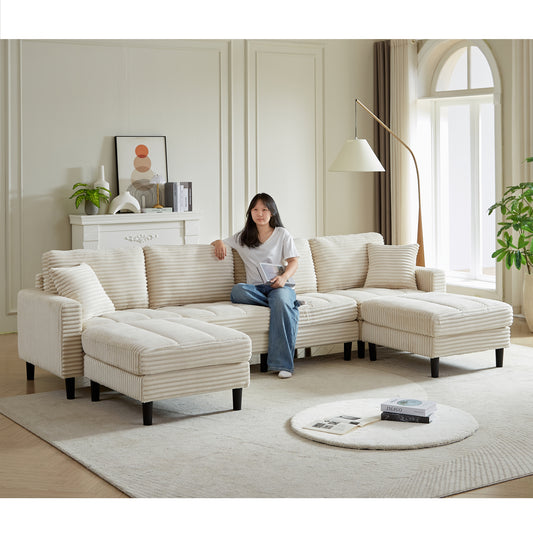 123' Oversized U-Shape Modular Lounge – Beige Corduroy Sofa with 2 Ottomans & Accent Cushions