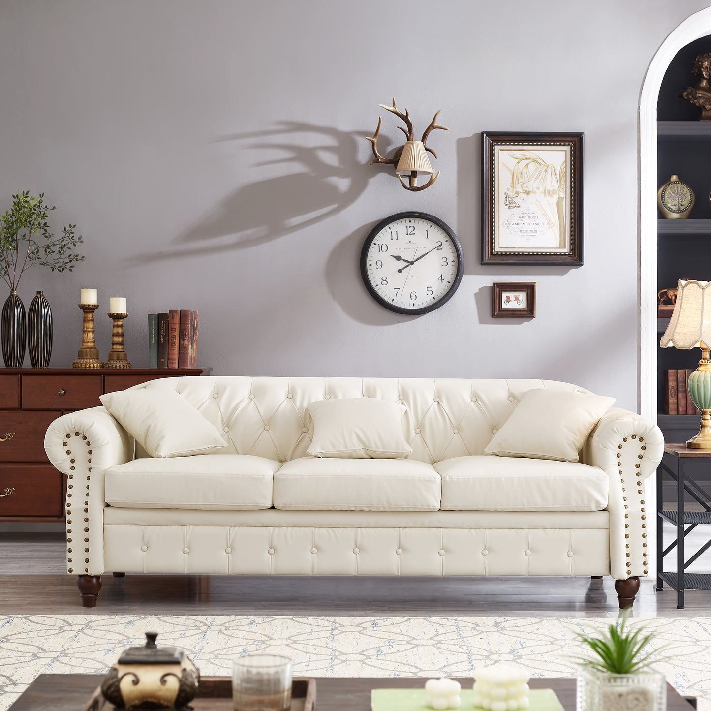 Regent Luxe Ivory Chesterfield – Classic Tufted Faux Leather Sofa with Storage