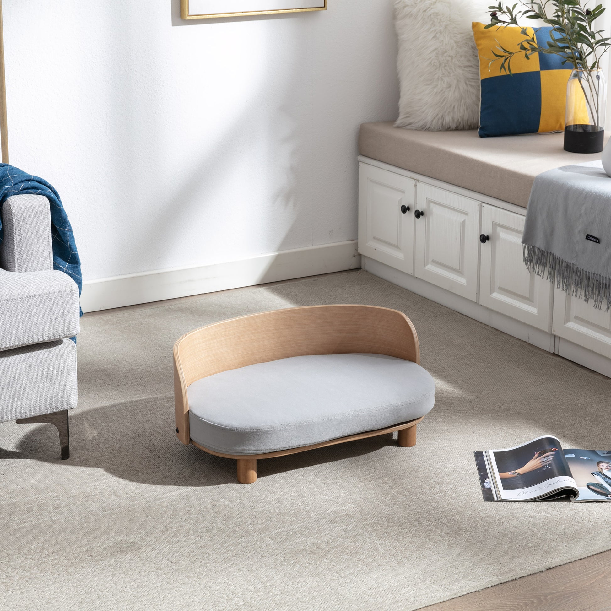 Kova Scandinavian Pet Sofa – Walnut Frame with Velvet Cushion & Curved Backrest - JUSTLIVE NESTJUSTLIVE NEST