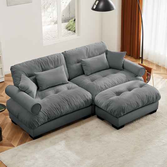 Duo Luxe Lounge – Grey Velvet Oversized 2-Seat Sofa with Ottoman, Round Bolster Arms, Waist & Accent Pillows