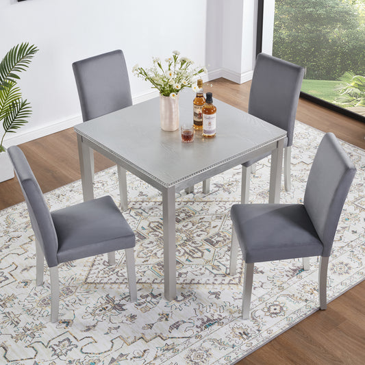 Celesta 5-Piece Dining Set – Elegant Square Table & Crystal-Detail Chairs in Soft Silver Grey