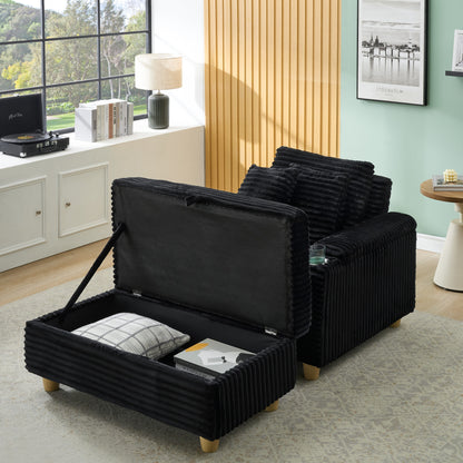 NestEdge ‘CordiNest” Single Sofa Set – Black Corduroy | 1 Pillow + 2 Throws + Footstool + Dual Storage