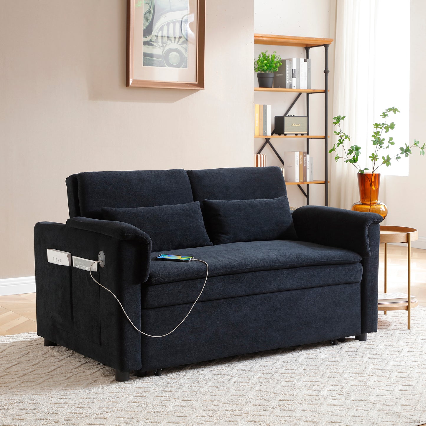 NestEdge ‘VeluNest” 3-in-1 Cozy Sleeper – Velvet Loveseat Bed | USB Ports + Pockets | Black