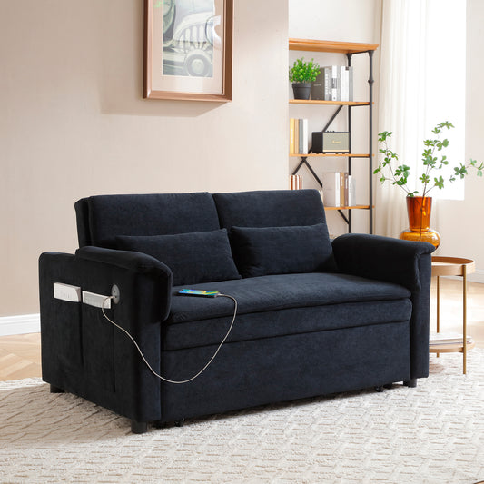 NestEdge ‘VeluNest” 3-in-1 Cozy Sleeper – Velvet Loveseat Bed | USB Ports + Pockets | Black