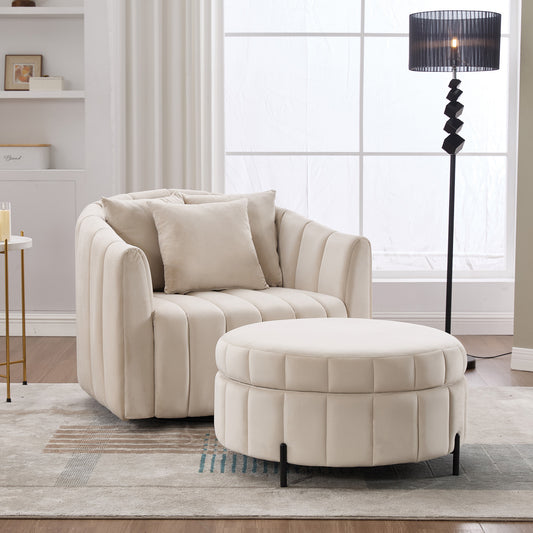Solvara™ Oversized Swivel Barrel Chair – 40' Tufted Velvet Pumpkin Lounge Seat with Ottoman & Cushions, Beige