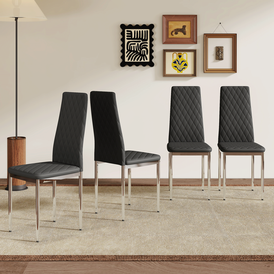 Lina Dining Chair Set – 4 Black PU Seats with Silver Legs, Minimalist Style