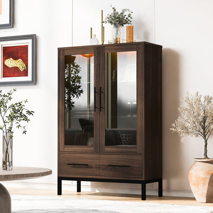 Luntra Glow Cabinet – 60" Walnut Glass Display with LED, 2 Drawers, and Shelf Lighting