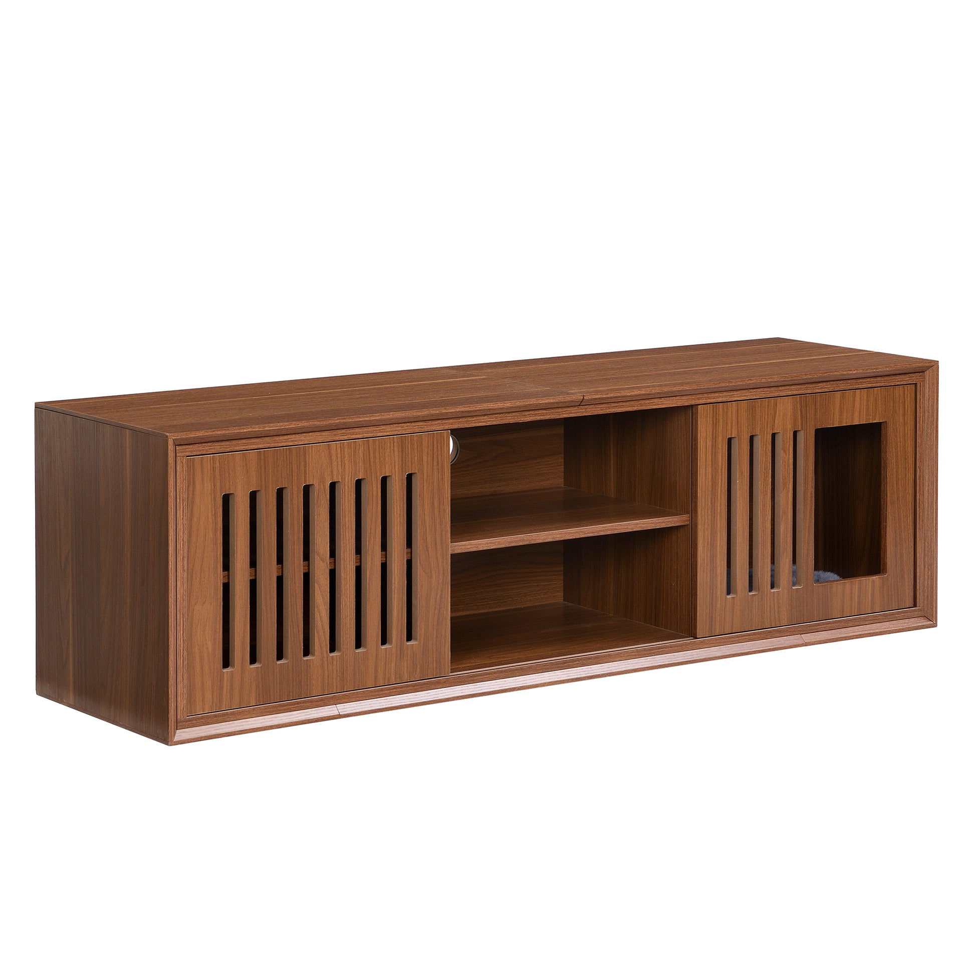 Vero Pet - Friendly TV Console – Mid - Century Walnut Stand with Soft Cushion, Sliding Door & Cat Hideout - JUSTLIVE NESTJUSTLIVE NEST