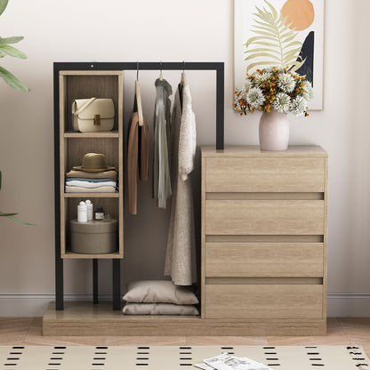 Norven Tall Wardrobe – Natural Finish Cabinet with 4 Drawers & 3 Open Shelves