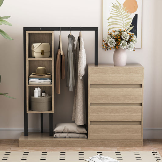 Norven Tall Wardrobe – Natural Finish Cabinet with 4 Drawers & 3 Open Shelves
