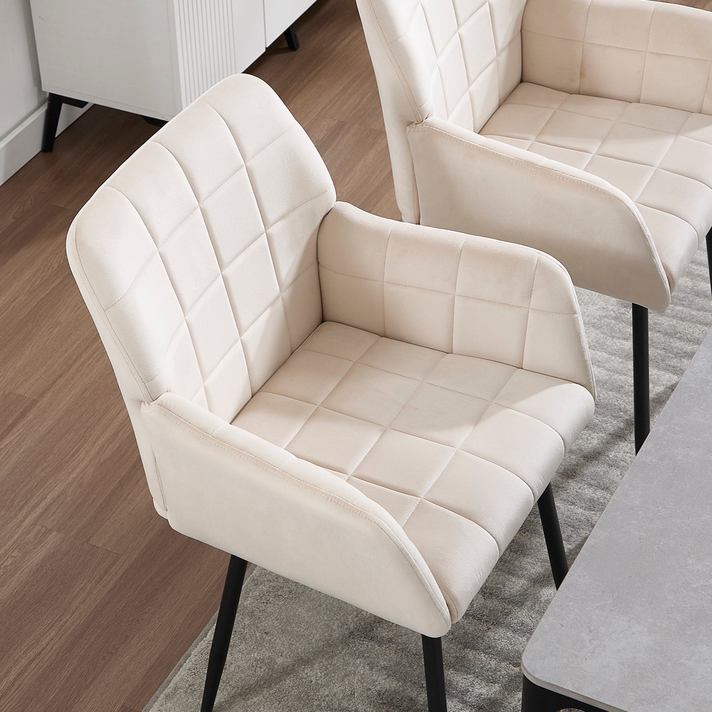 Liora Dining Chairs – 2 Cream Velvet Seats with Arms, Easy-Clean Design