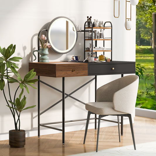 Glowera Charge Hub – 40" Black Vanity Desk with LED Mirror, Wireless Charging & Shelves