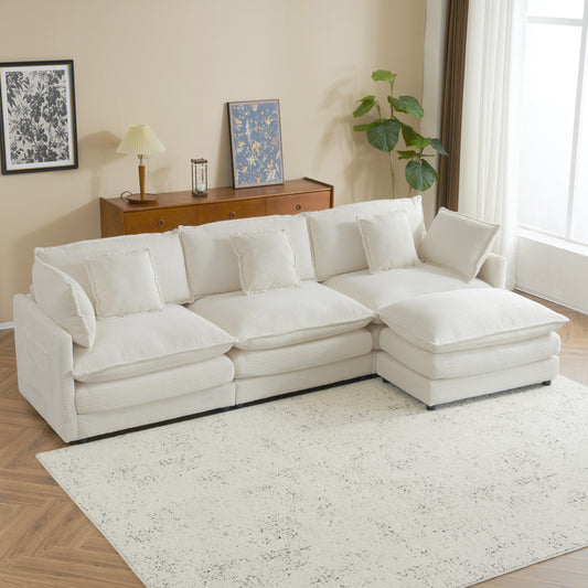 113' Modular Lounge – Oversized Corduroy Sofa with Hidden Side Storage & L-Shaped Comfort (Beige)