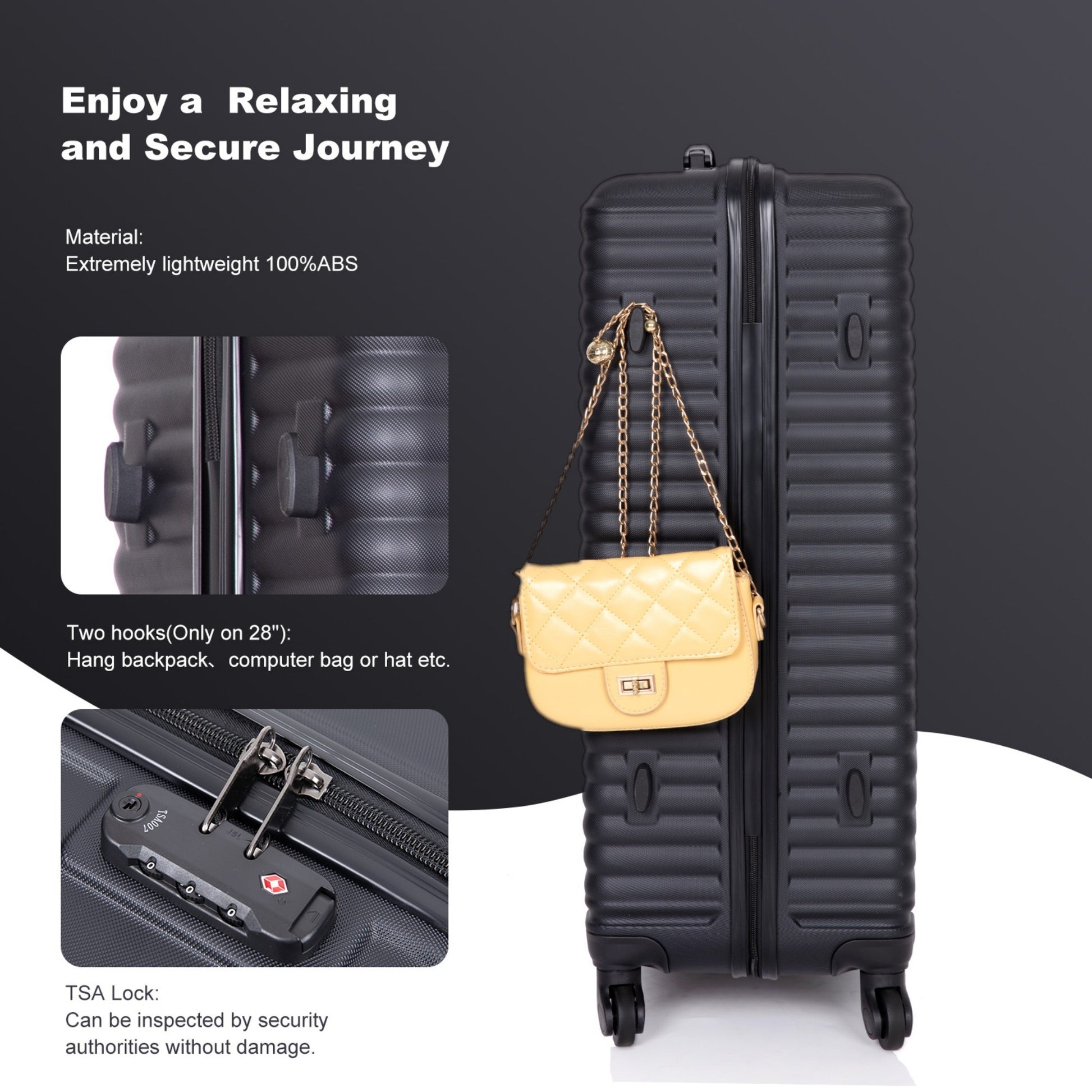 Jetera 3 - Piece ABS Luggage Set – Black Lightweight Suitcases with Spinner Wheels & TSA Lock (20"/24"/28") - JUSTLIVE NESTJUSTLIVE NEST