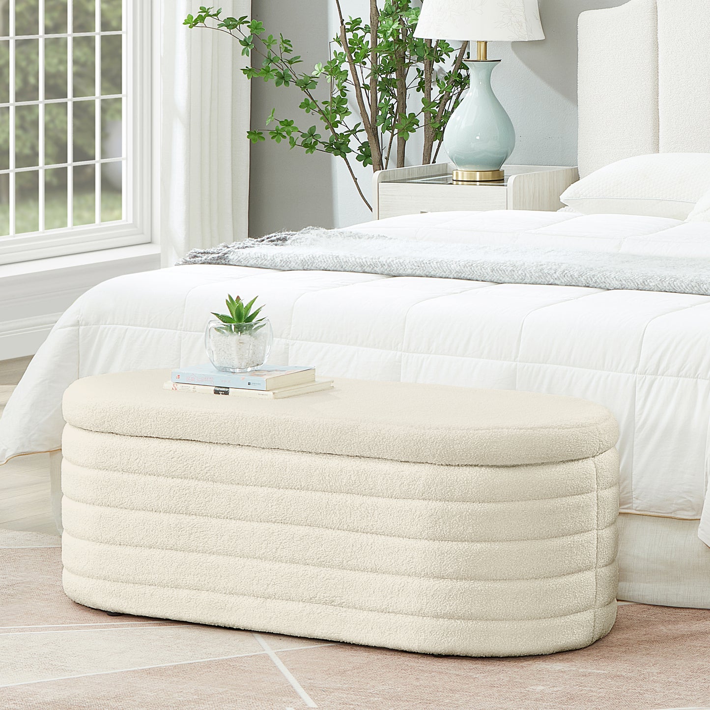 Klovi Oval Storage Bench – Cream Bouclé End-of-Bed Ottoman with Safety Hinge