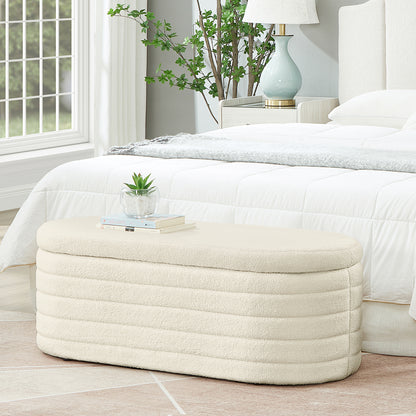 Klovi Oval Storage Bench – Cream Bouclé End-of-Bed Ottoman with Safety Hinge