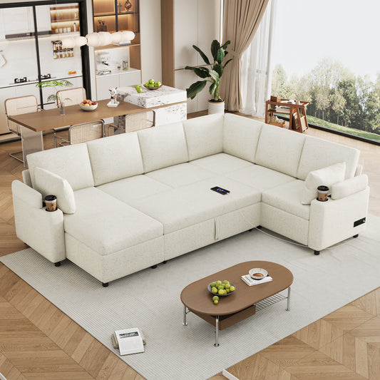 110' Expandable Comfort Lounge – Beige Smart Seating with Hidden Storage & Built-In Features