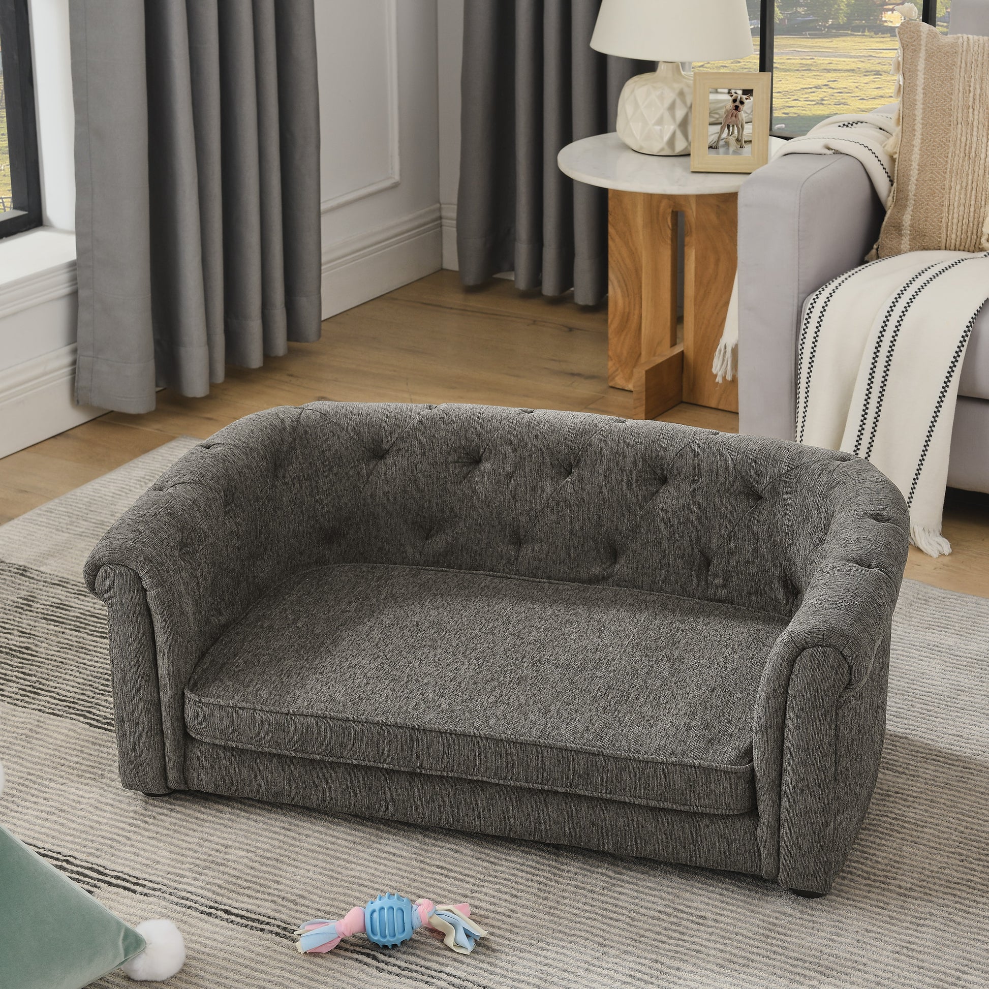 Kova Arc Pet Sofa – Dark Gray Linen Dog Couch with Curved Backrest & Cozy Cushion - JUSTLIVE NESTJUSTLIVE NEST